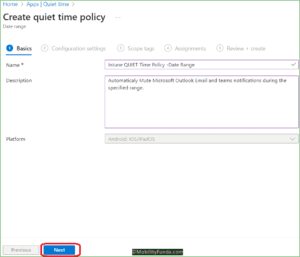 Create Quiet time Policy in Intune